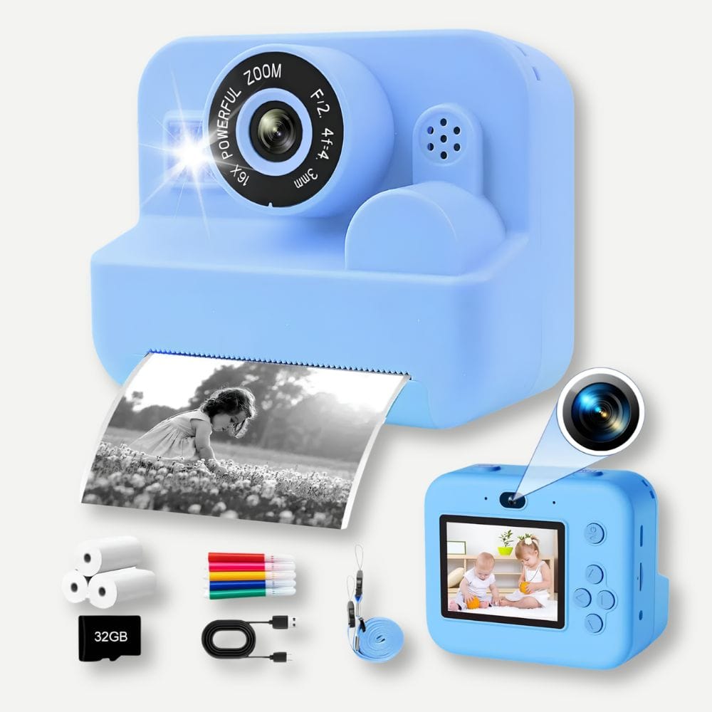 Appareil Photo Instantané Thermique — Sans Encre, Zoom x16, 1080P Bleu