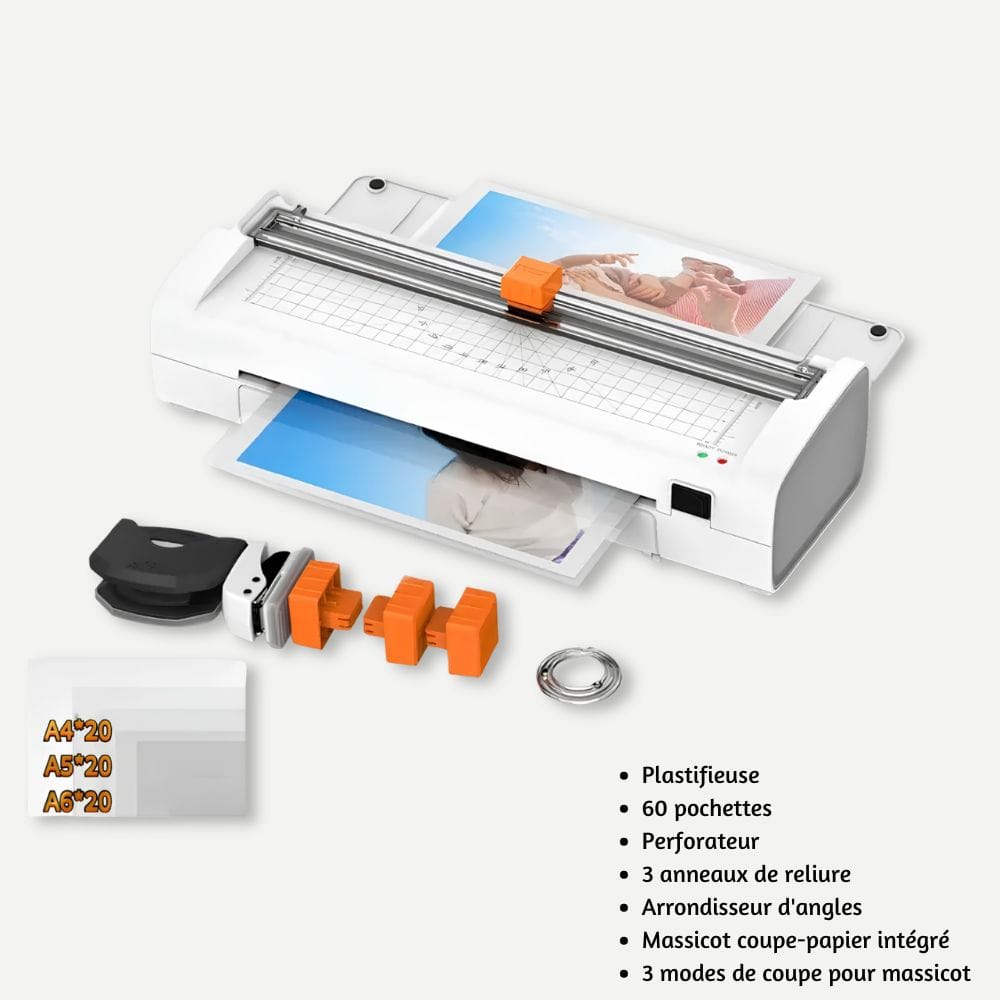 Machine à Plastifier 6-en-1 — Pack avec Massicot 3 Lames Avec 60 feuilles (20-A4 20-A5 20-A6)