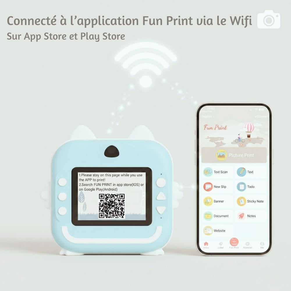 Appareil Photo Impression Instantanée — WiFi, App, Oreilles RGB