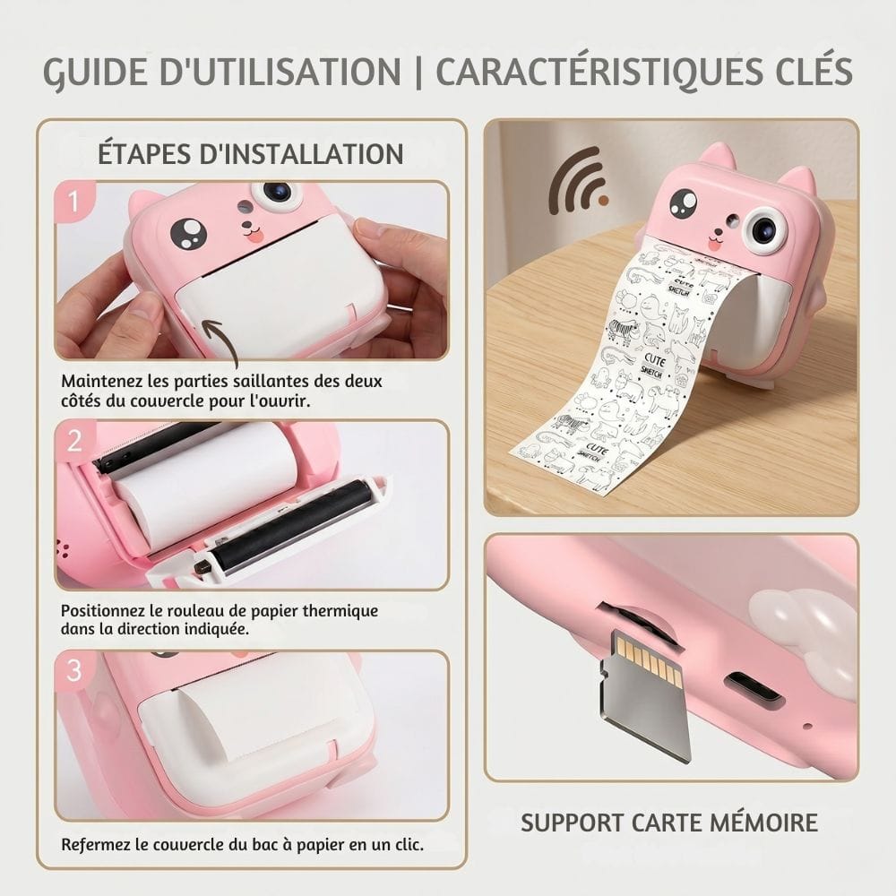 Appareil Photo Impression Instantanée — WiFi, App, Oreilles RGB