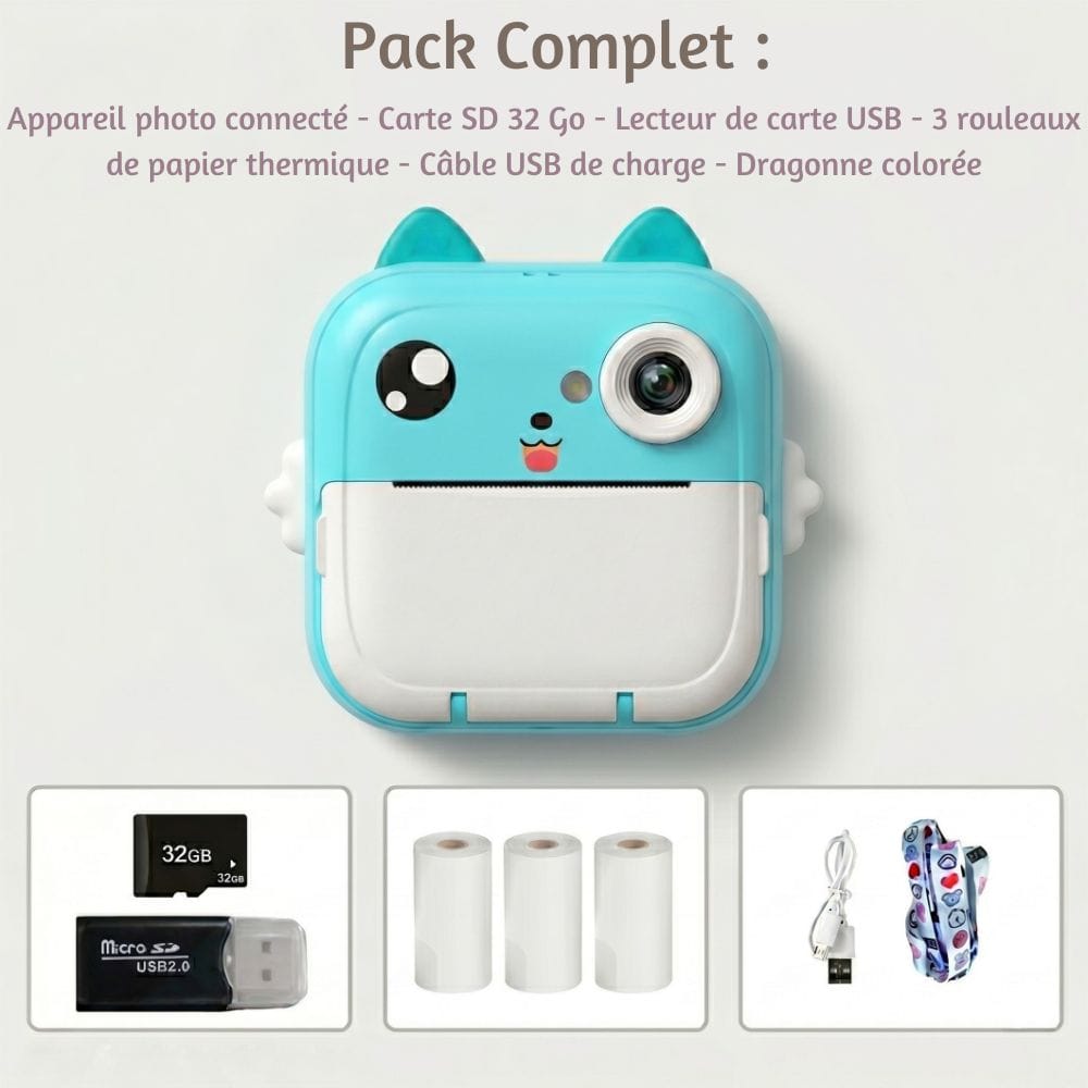 Appareil Photo Impression Instantanée — WiFi, App, Oreilles RGB Bleu