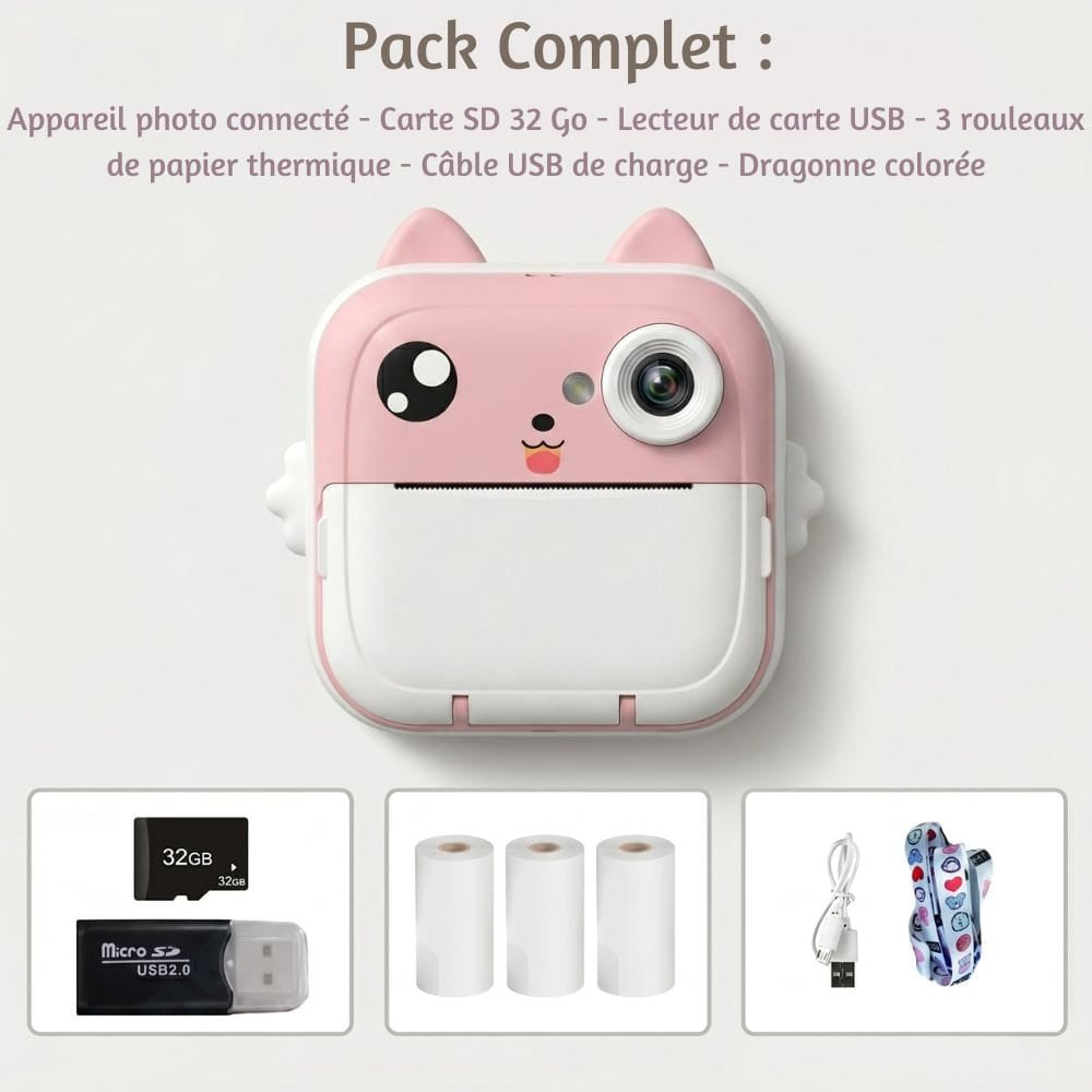 Appareil Photo Impression Instantanée — WiFi, App, Oreilles RGB Rose
