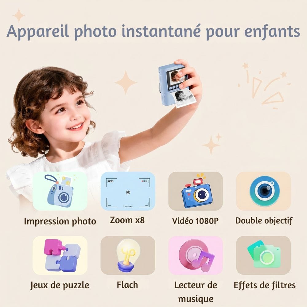 Appareil Photo Instantané avec Ecran — Zoom X8, 1080P, Carte SD 32 Go