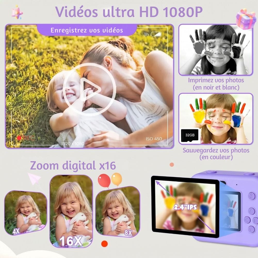  Appareil Photo Instantané Thermique — Sans Encre, Zoom x16, 1080P