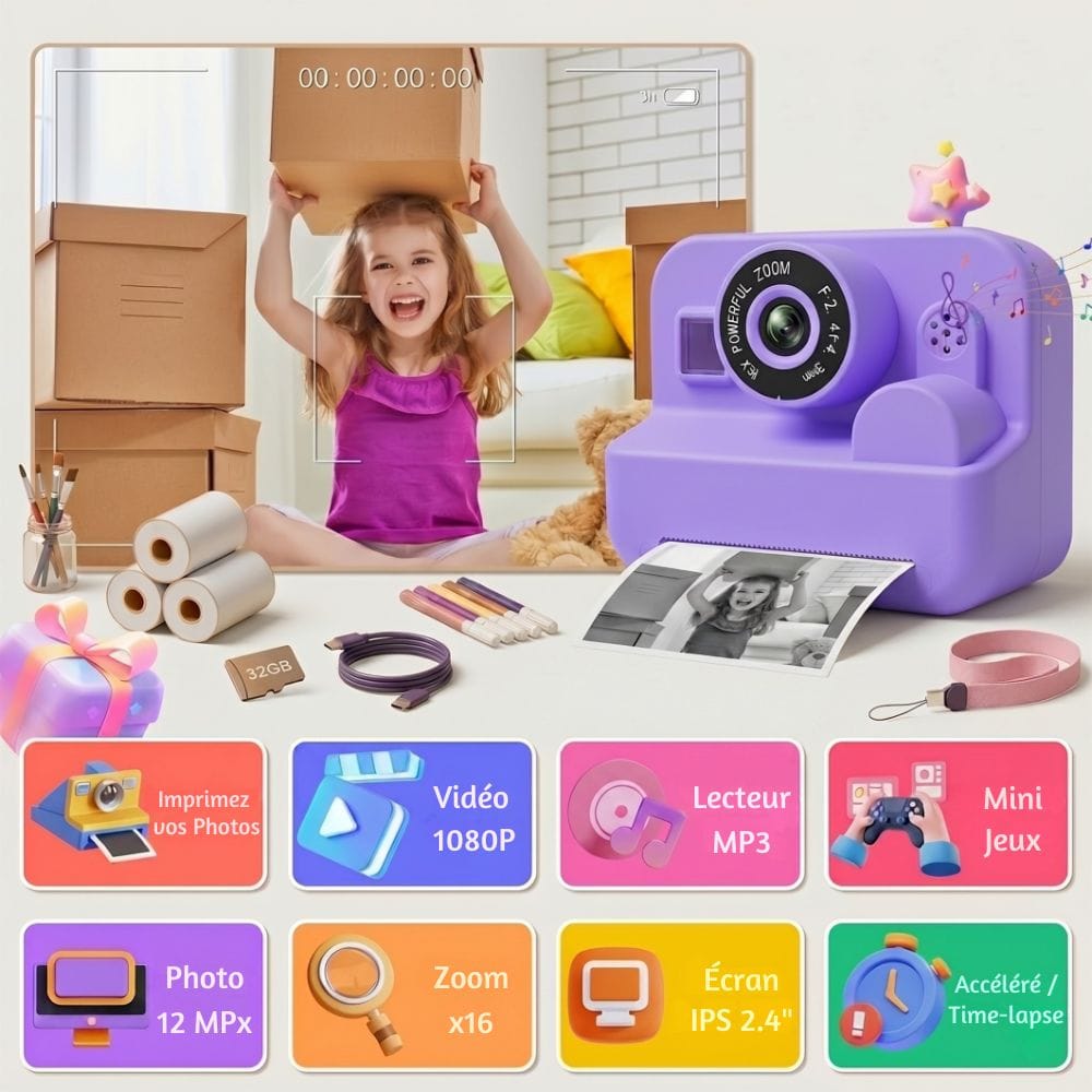  Appareil Photo Instantané Thermique — Sans Encre, Zoom x16, 1080P
