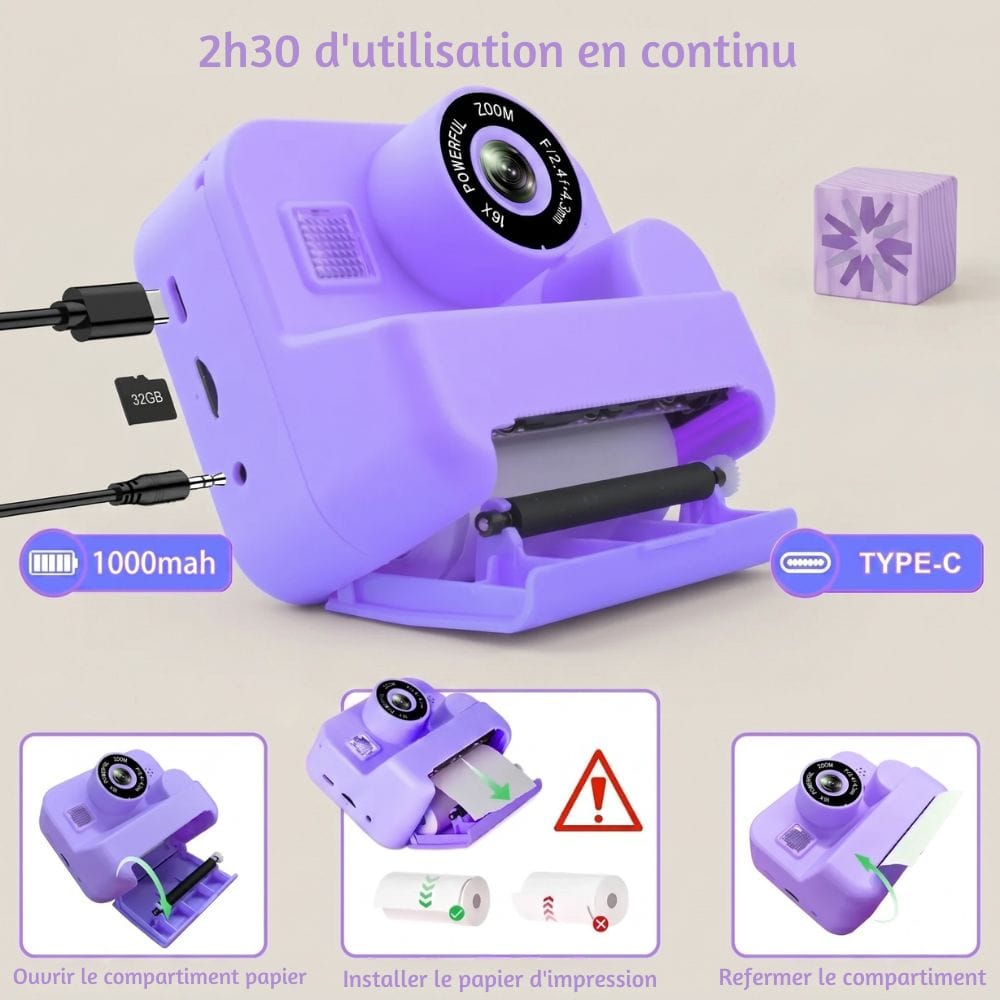  Appareil Photo Instantané Thermique — Sans Encre, Zoom x16, 1080P