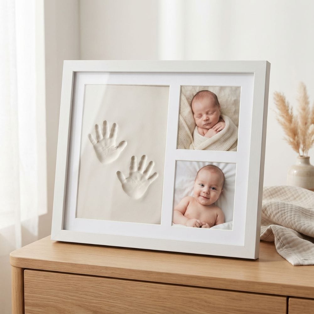 Cadre Empreinte Bébé en Bois : Argile et 2 Photos Blanc