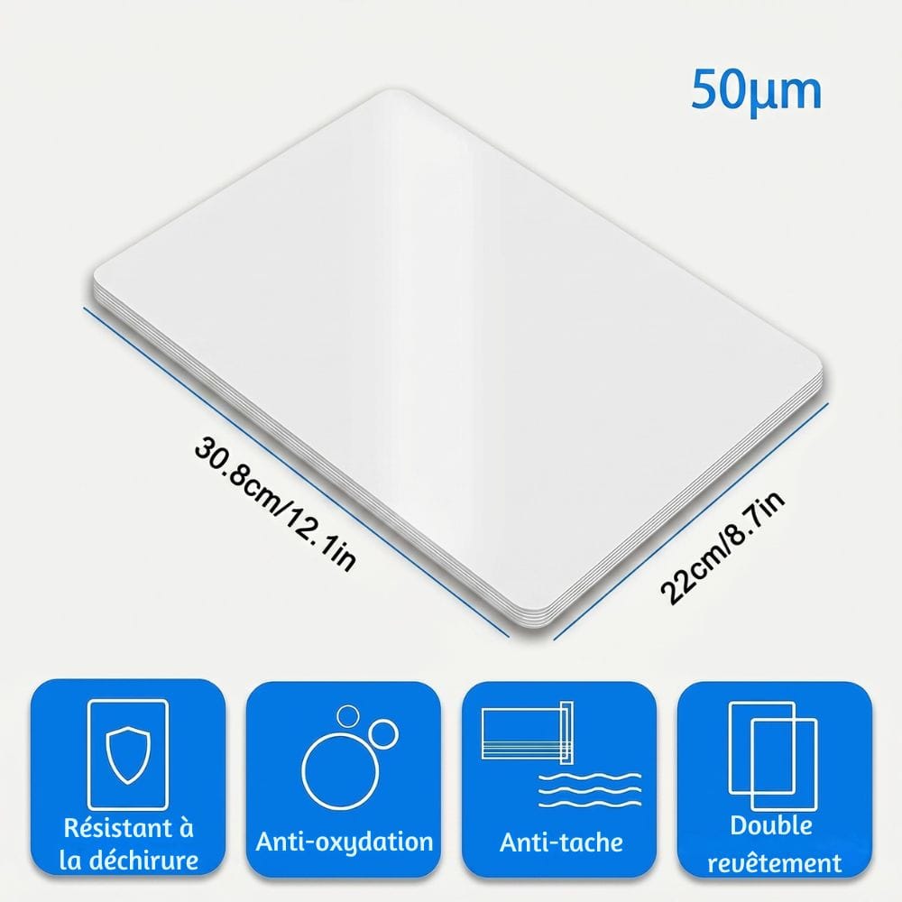Feuille Plastifieuse A4 50 Microns — Pack 100 Pochettes Coins Arrondis