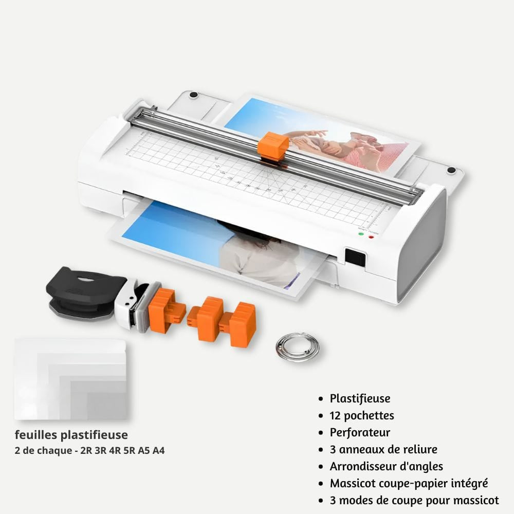 Machine à Plastifier 6-en-1 — Pack avec Massicot 3 Lames Avec 12 feuilles (2-A4 2-A5 2-5R 2-4R 2-3R 2-2R)